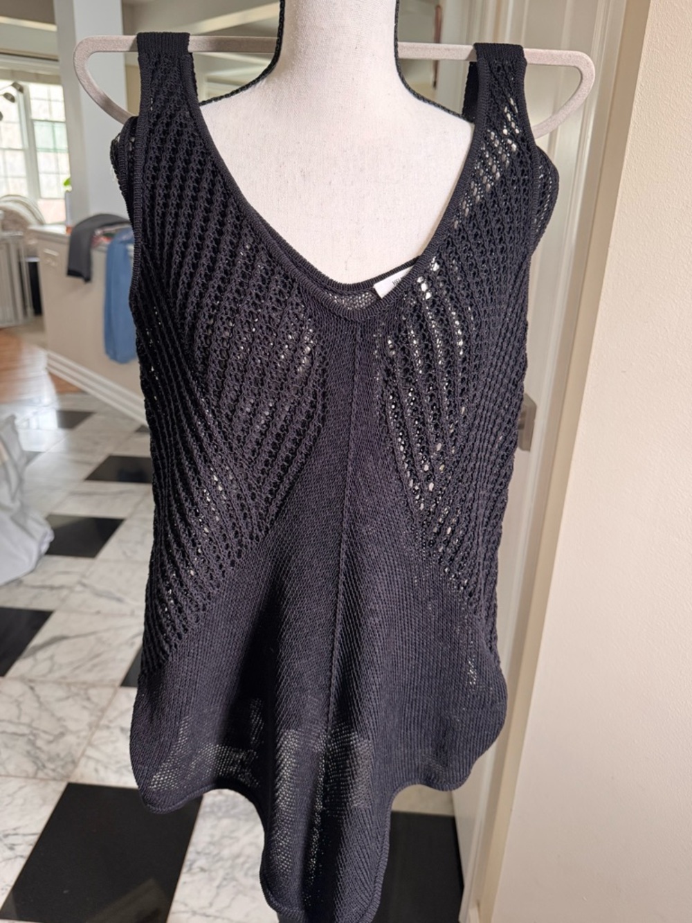 Helmut Lang Crochet Tank Top S Black Open Knit Duel Deep V-Neck Festival Loose